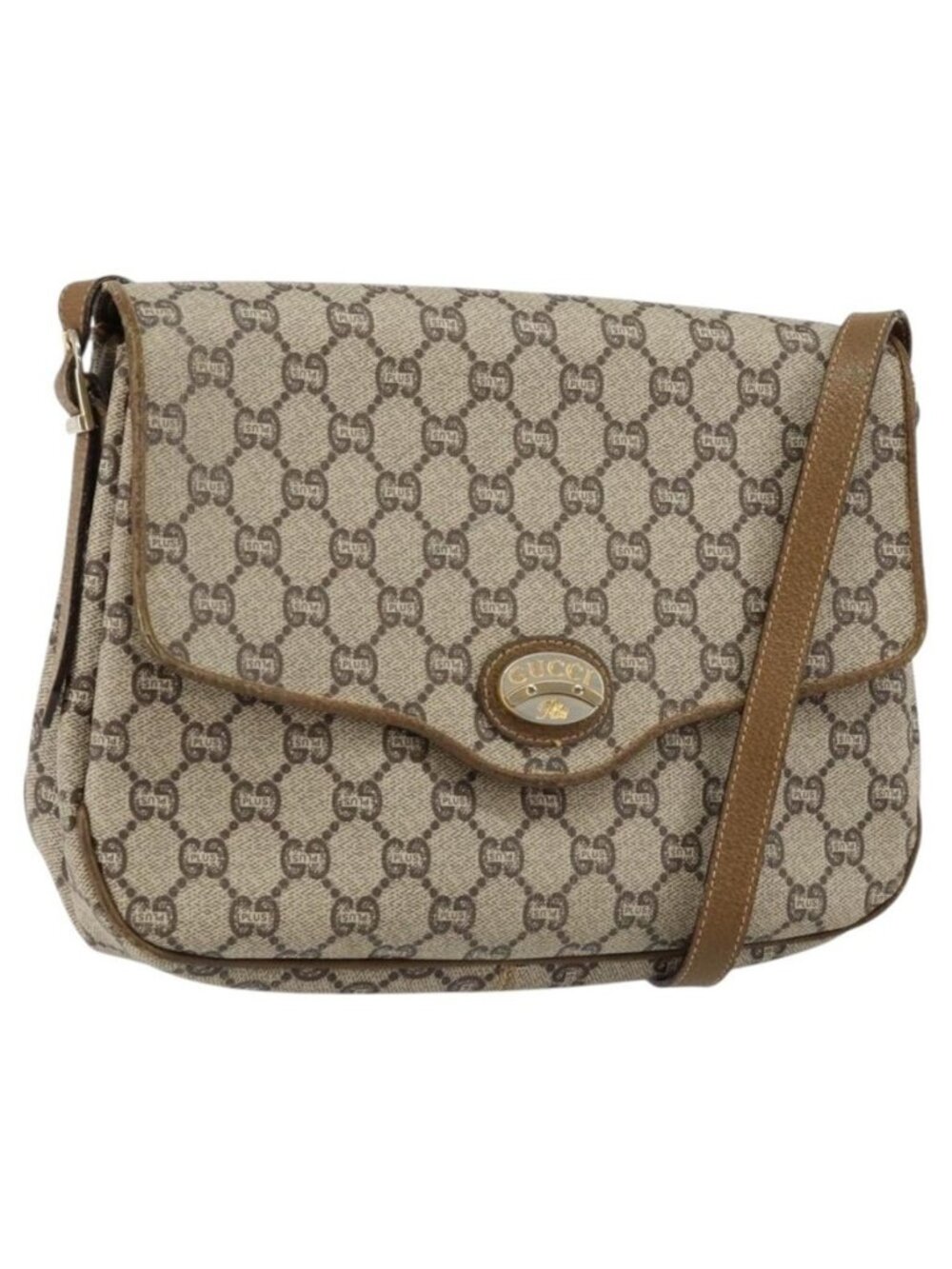 Authentic GUCCI GG PLUS Canvas Shoulder Bag PVC Leather Beige